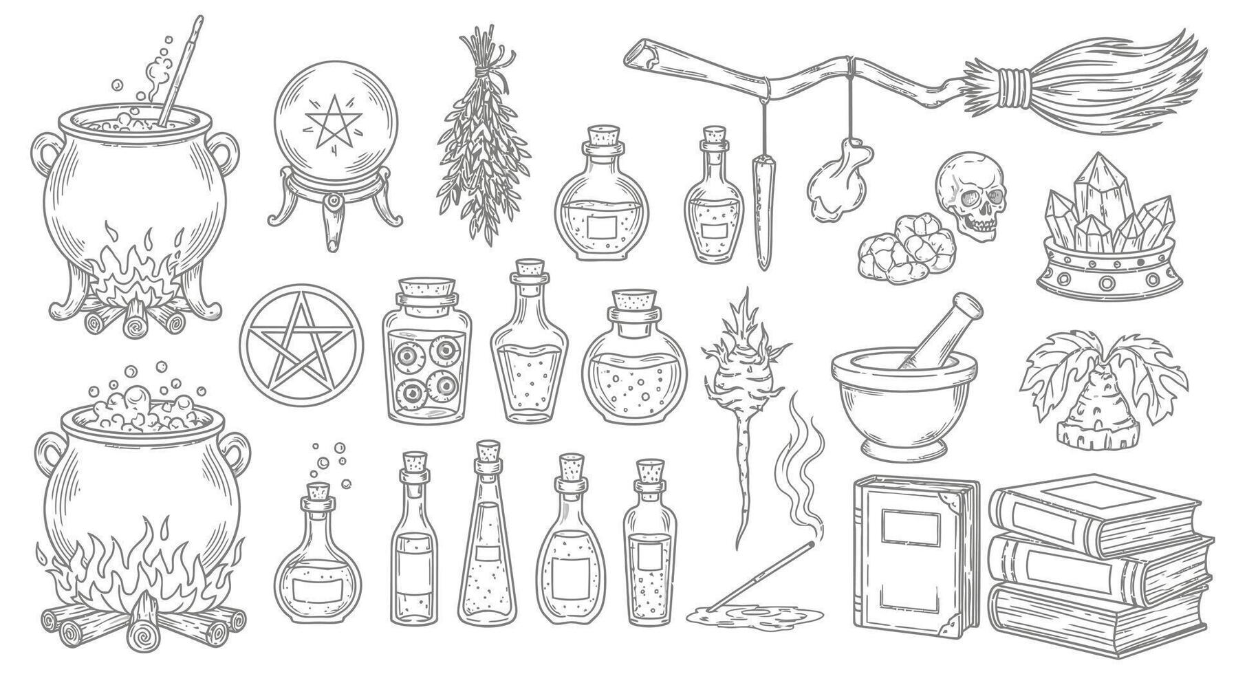 Witchcraft set potion with cauldron, and broom. vector