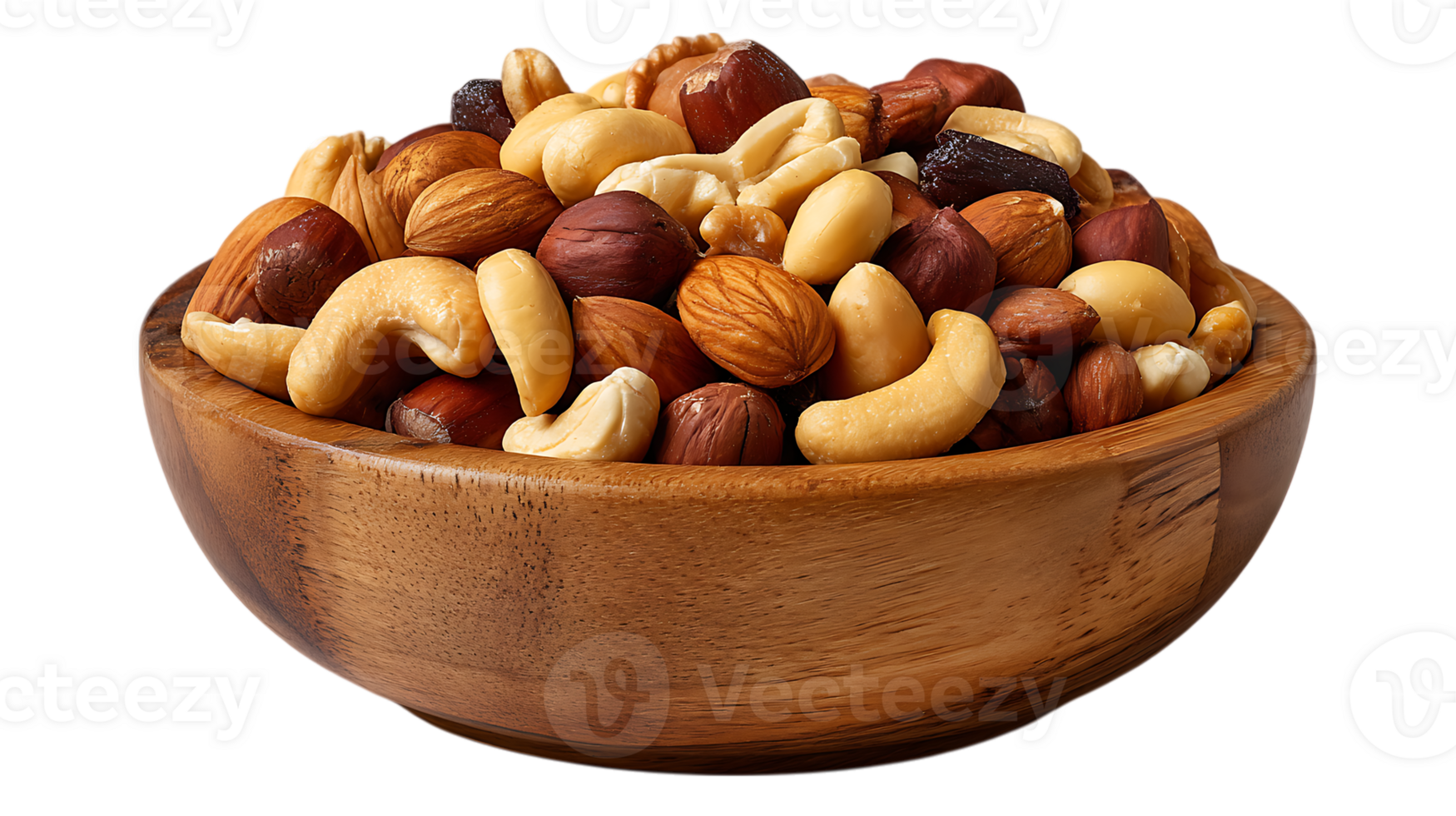 A wooden bowl filled with a variety of healthy mixed nuts and dried fruits isolated on transparent background png