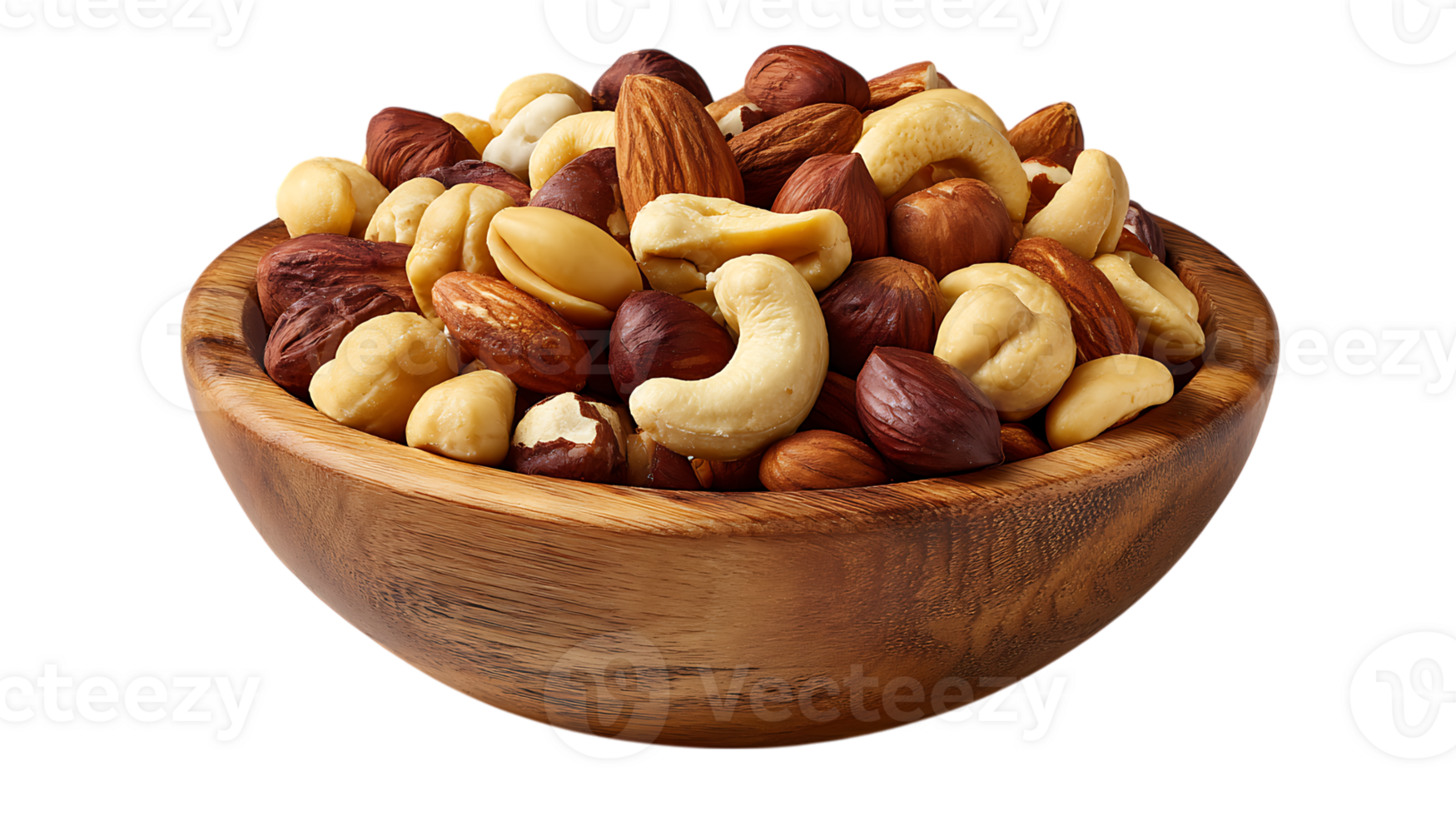 A rustic wooden bowl overflowing with a healthy mix of assorted nuts isolated on transparent background png