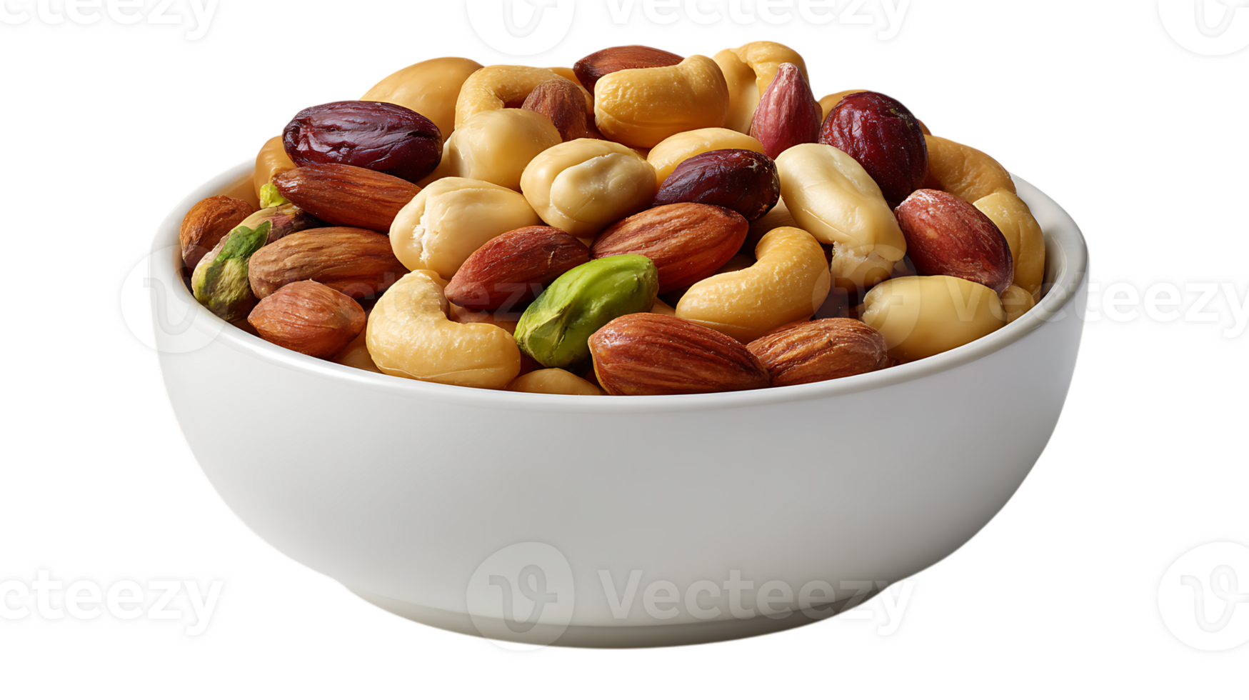 A white bowl filled with a variety of mixed nuts including almonds cashews peanuts and pistachios isolated on transparent background png