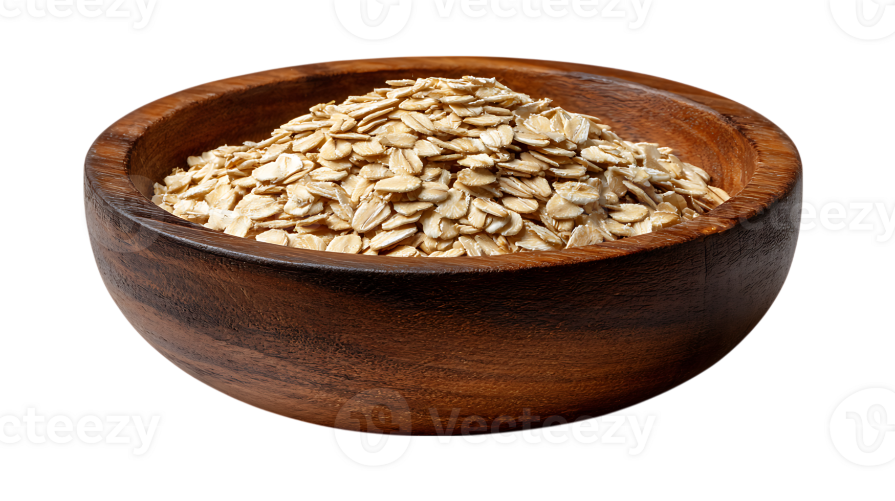 A rustic wooden bowl filled with rolled oats isolated on transparent background png