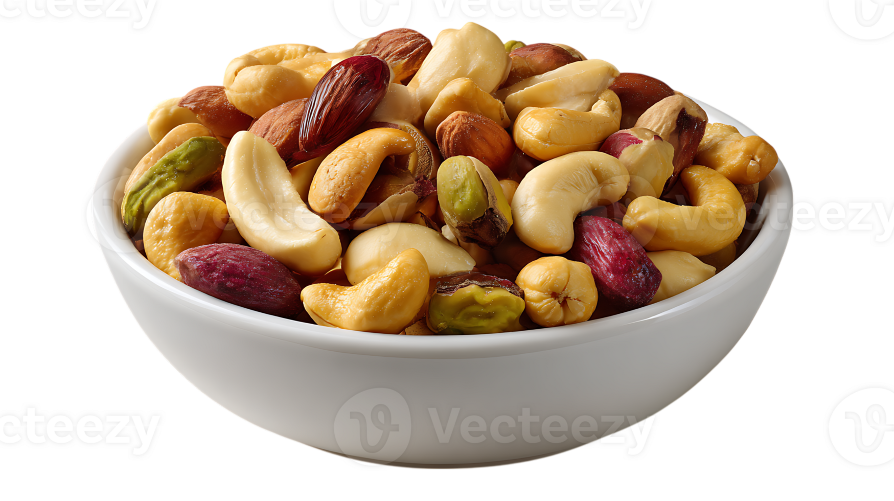 A white bowl filled with a variety of roasted nuts and dried fruits isolated on transparent background png
