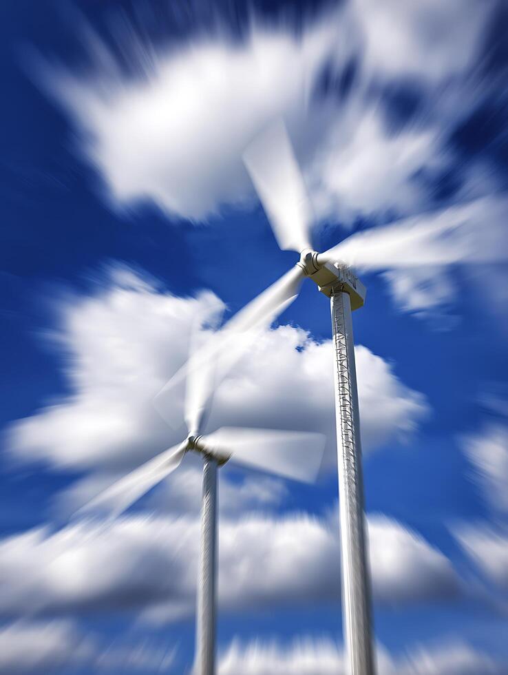 Dynamic Wind Turbines Against a Blurred Sky. A captivating image showcasing the power and movement of renewable energy. photo