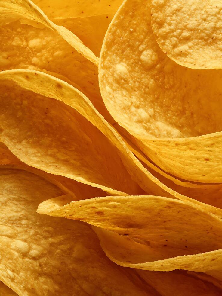 Close Up of Crispy Tortilla Chips, Textured Food Background. photo