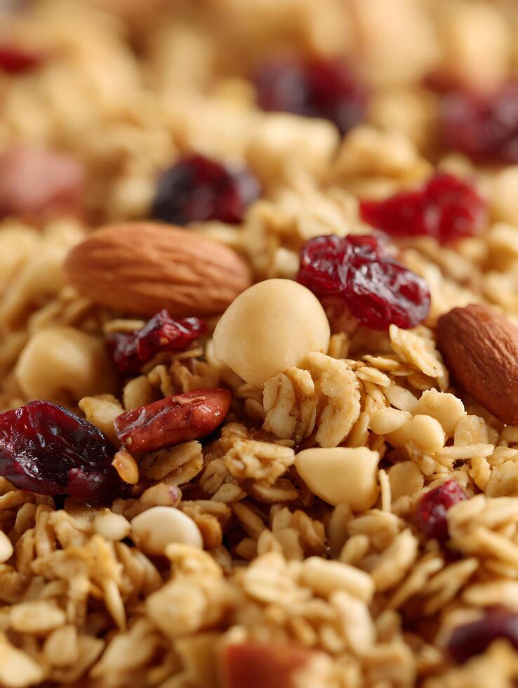 Close Up of Delicious Granola with Almonds, Cranberries, and Macadamia Nuts. photo