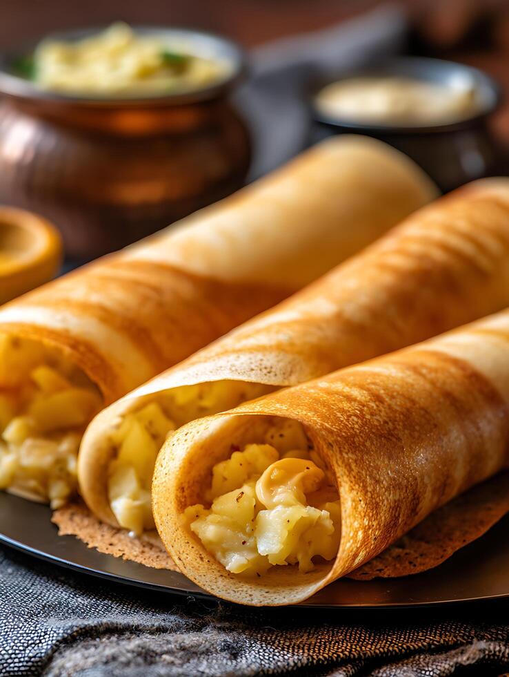 Close Up of Delicious Masala Dosa, South Indian Cuisine. photo