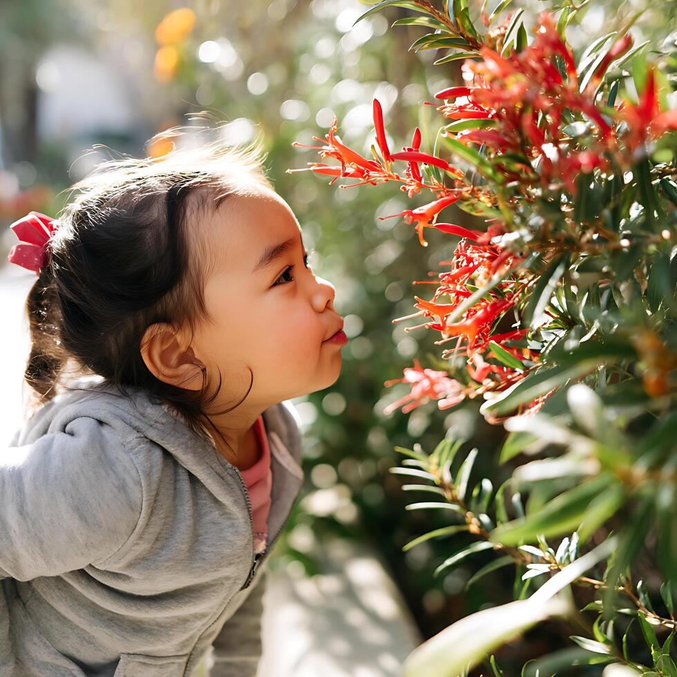 Toddler Girl Sniffing Vibrant Red Flowers in a Garden. photo