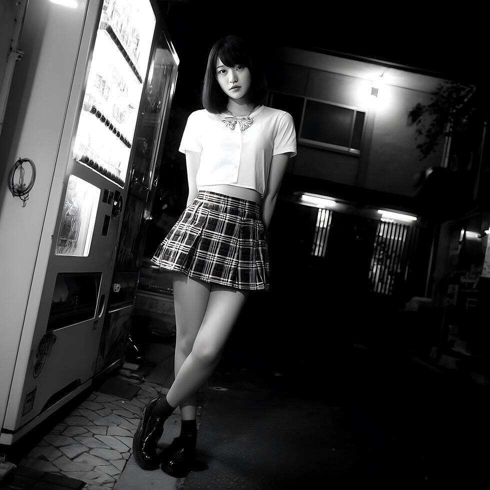 A young woman in a school uniform stands at night near a vending machine. photo