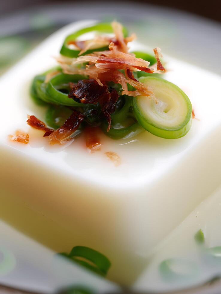 Close up of Silken Tofu with Bonito Flakes and Green Onions. photo