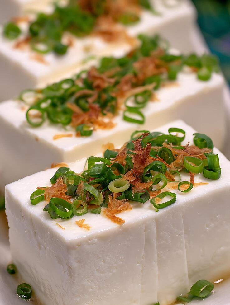 Close up of Silken Tofu Cubes Topped with Green Onions and Bonito Flakes. photo