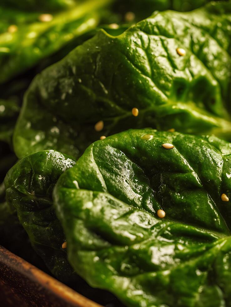Close Up of Fresh Spinach Leaves with Sesame Seeds. A Detailed Image of Vibrant Green Spinach. photo