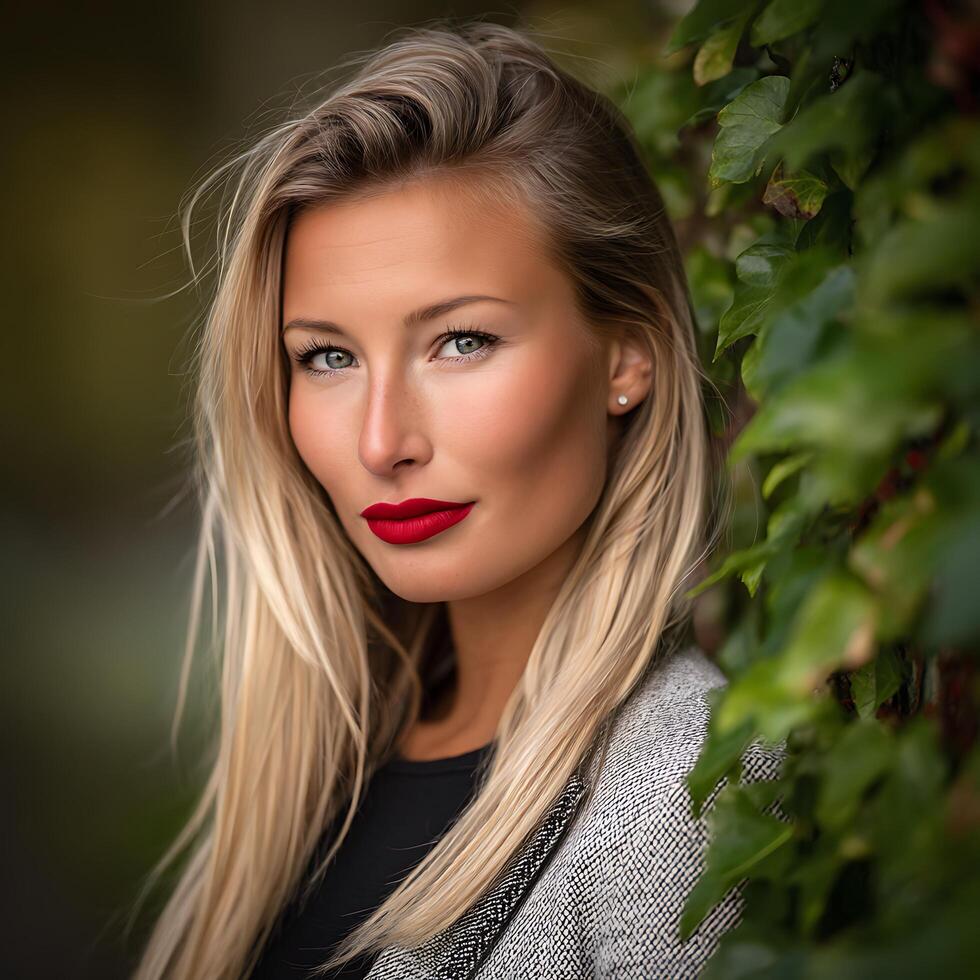 Portrait of a Blonde Woman with Red Lipstick, Posing Outdoors. photo