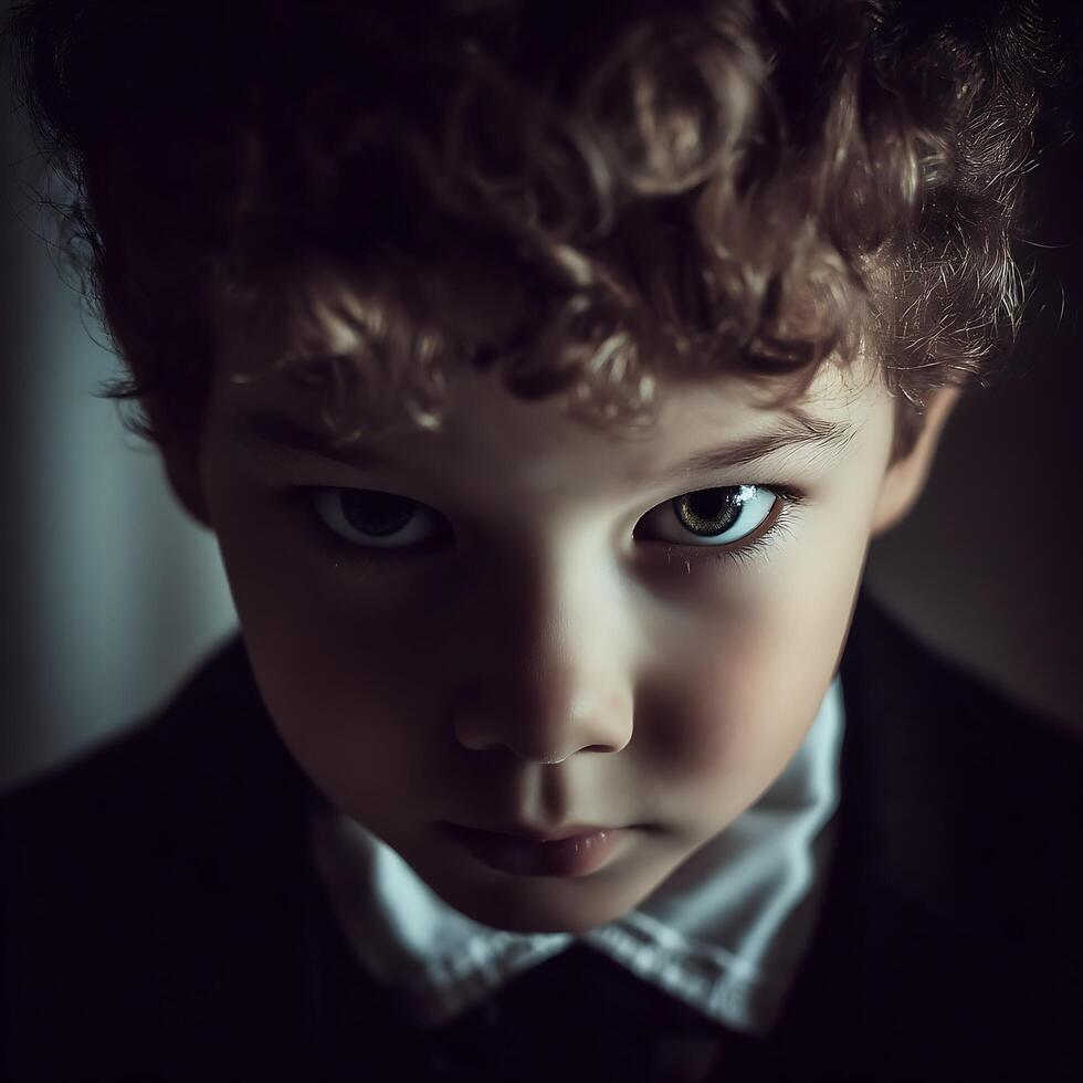 Close up portrait of a young boy with intense eyes and curly hair. photo