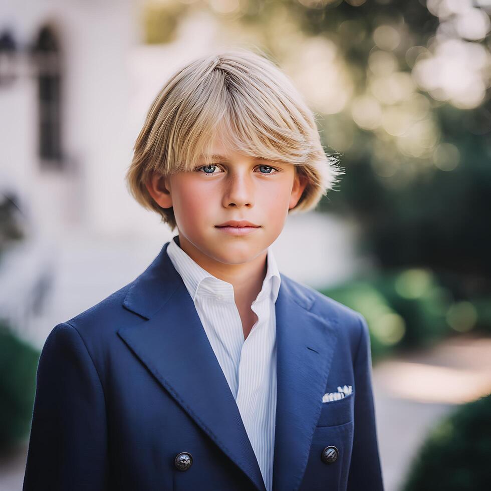 Portrait of a Young Boy in a Blue Suit, Outdoors. A close up image of a stylish boy with blond hair. photo