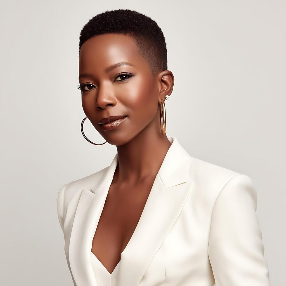 Portrait of a Confident Black Woman in a White Blazer. A stylish headshot showcasing beauty and professionalism. photo