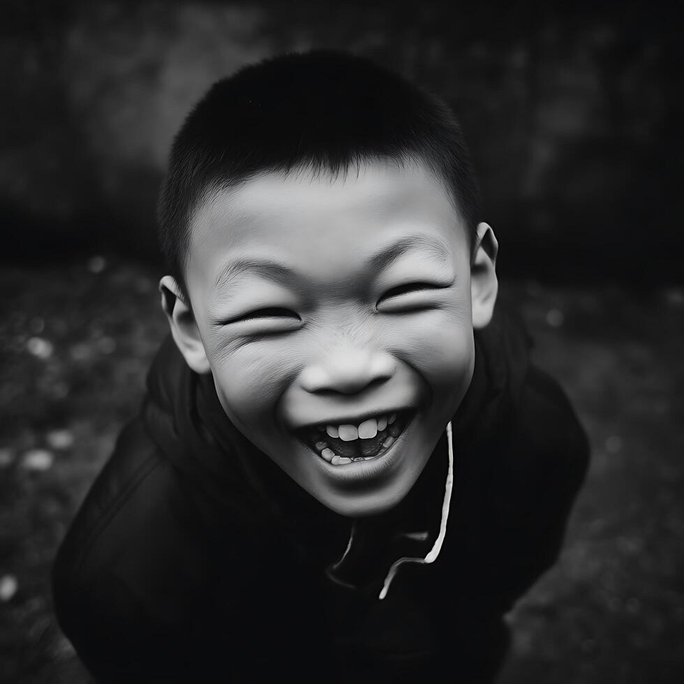 Close Up of a Boy's Joyful Laugh Black and White Portrait. photo