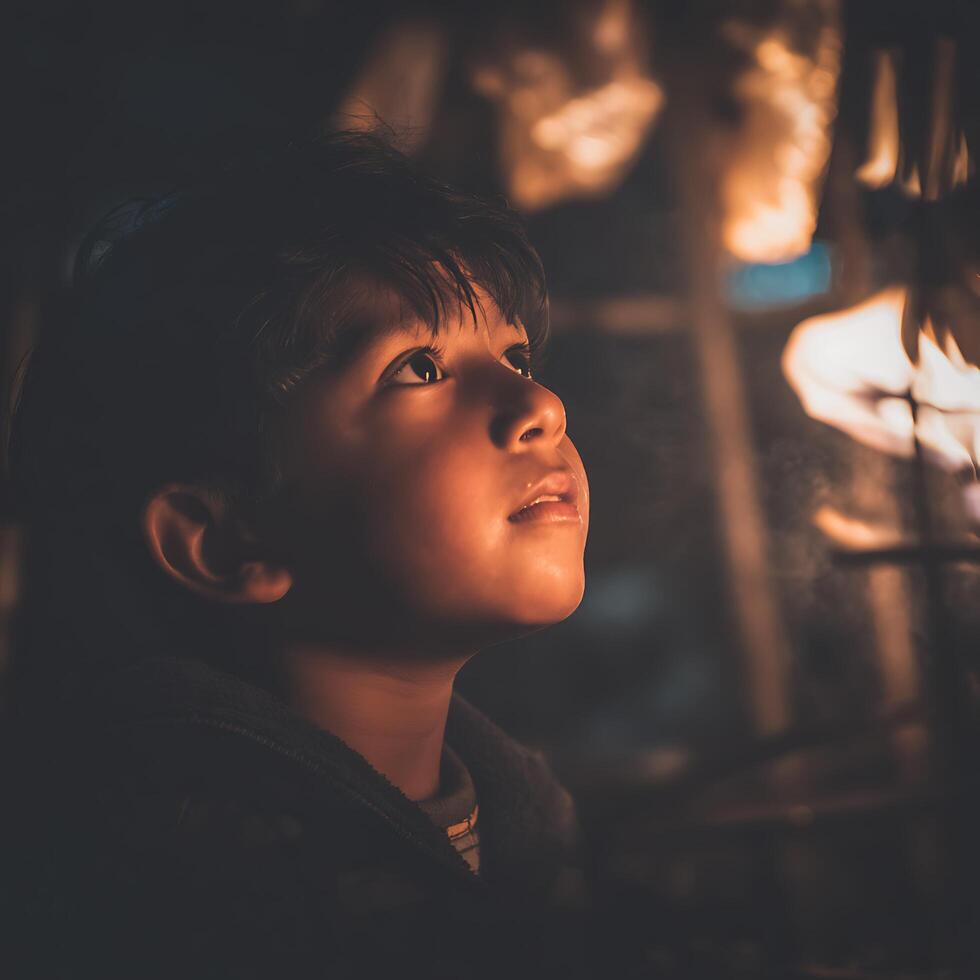Young Boy Gazing at a Warm Fire, Captivated by the Glow. photo