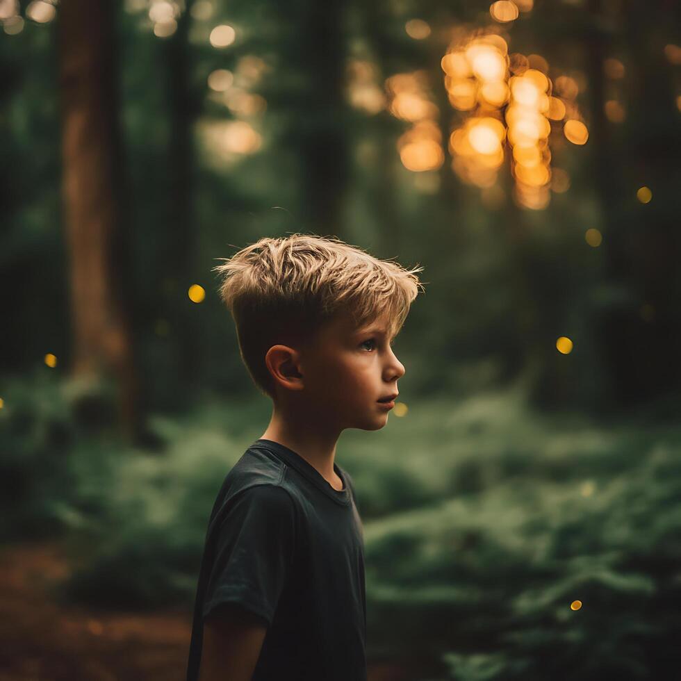 Boy Contemplating Nature in a Forest at Sunset. A thoughtful young boy stands in a lush forest, illuminated by the warm glow of the setting sun. photo