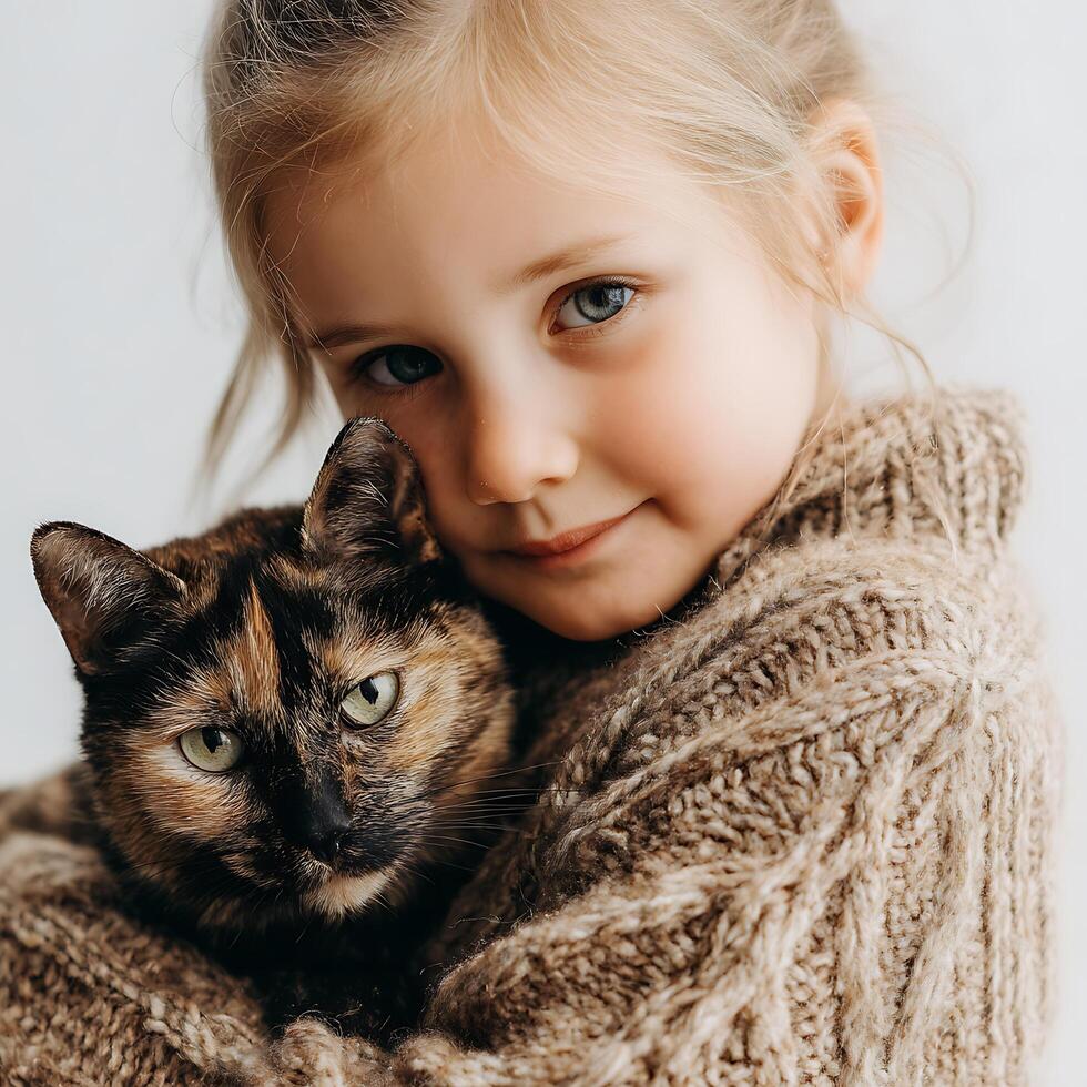 Little Girl Hugging Her Cat Close Up Portrait. A heartwarming image of a child's love for her pet. photo