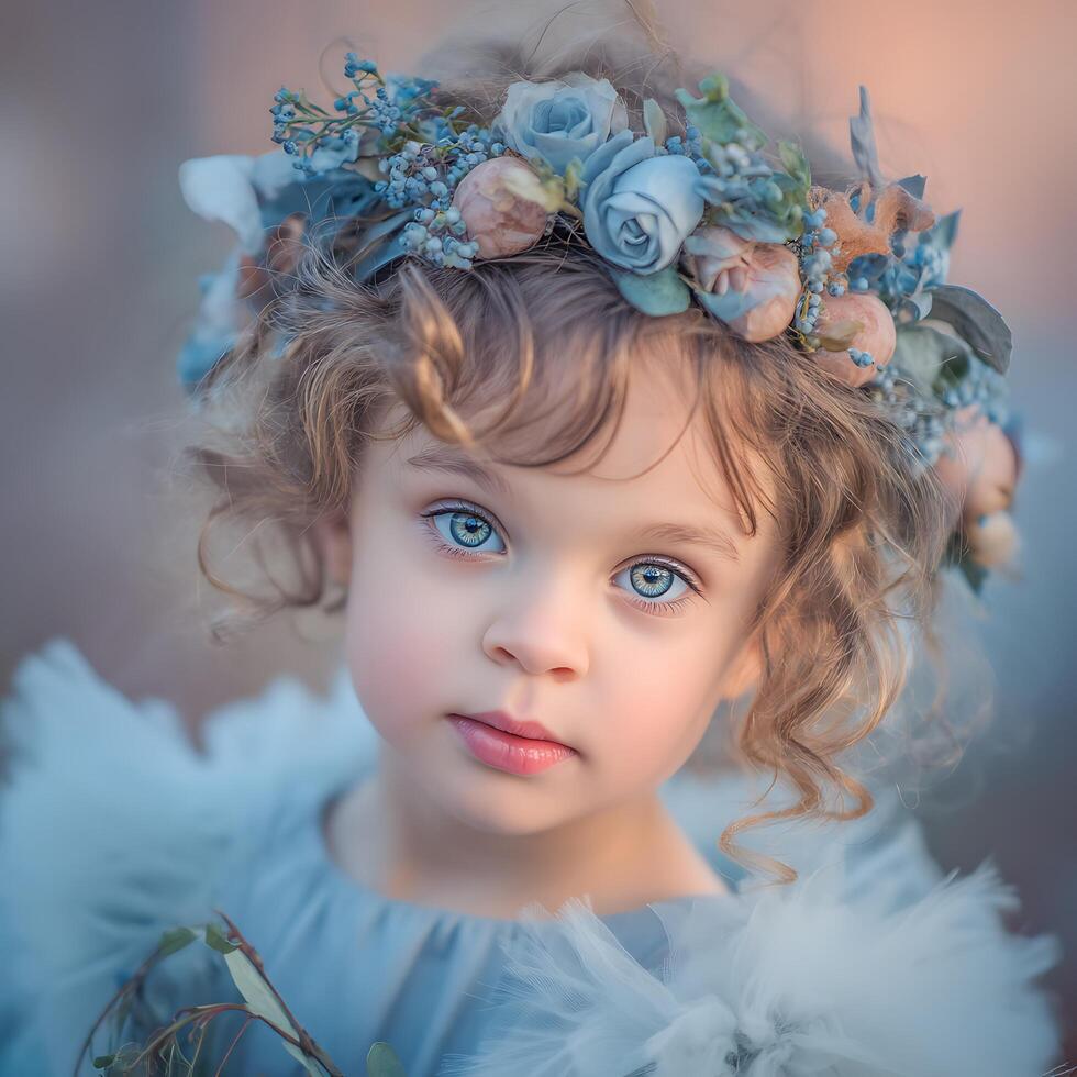 Portrait of a Little Girl with Blue Eyes and a Flower Crown. A close up image of a child wearing a beautiful floral headpiece. photo