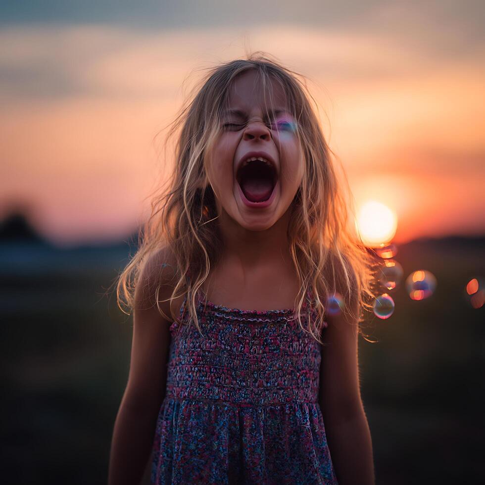Girl Screaming with Joy at Sunset, Bubbles in the Air. photo