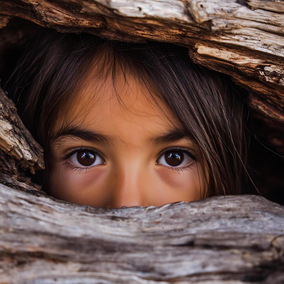 Child's Eyes Peeking Through a Tree Trunk, Close Up Portrait. photo