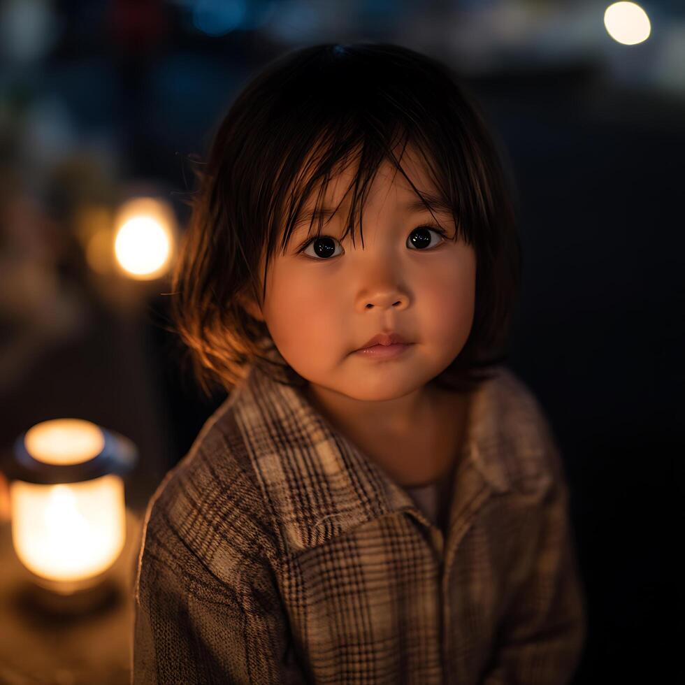 Close up Portrait of a Young Girl at Night with Warm Lighting. photo