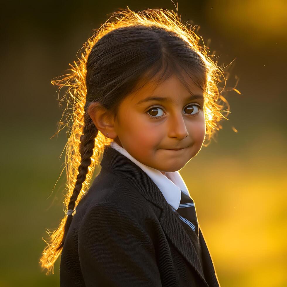 Portrait of a Young Girl with Braided Hair, Bathed in Golden Sunlight. photo