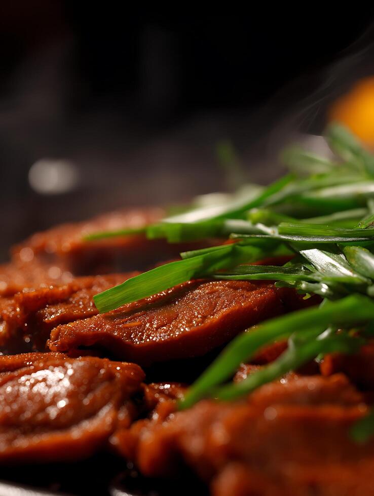 Close Up of Delicious Glazed Meat with Green Onions. A mouthwatering image perfect for food blogs, restaurant menus, and culinary websites. photo