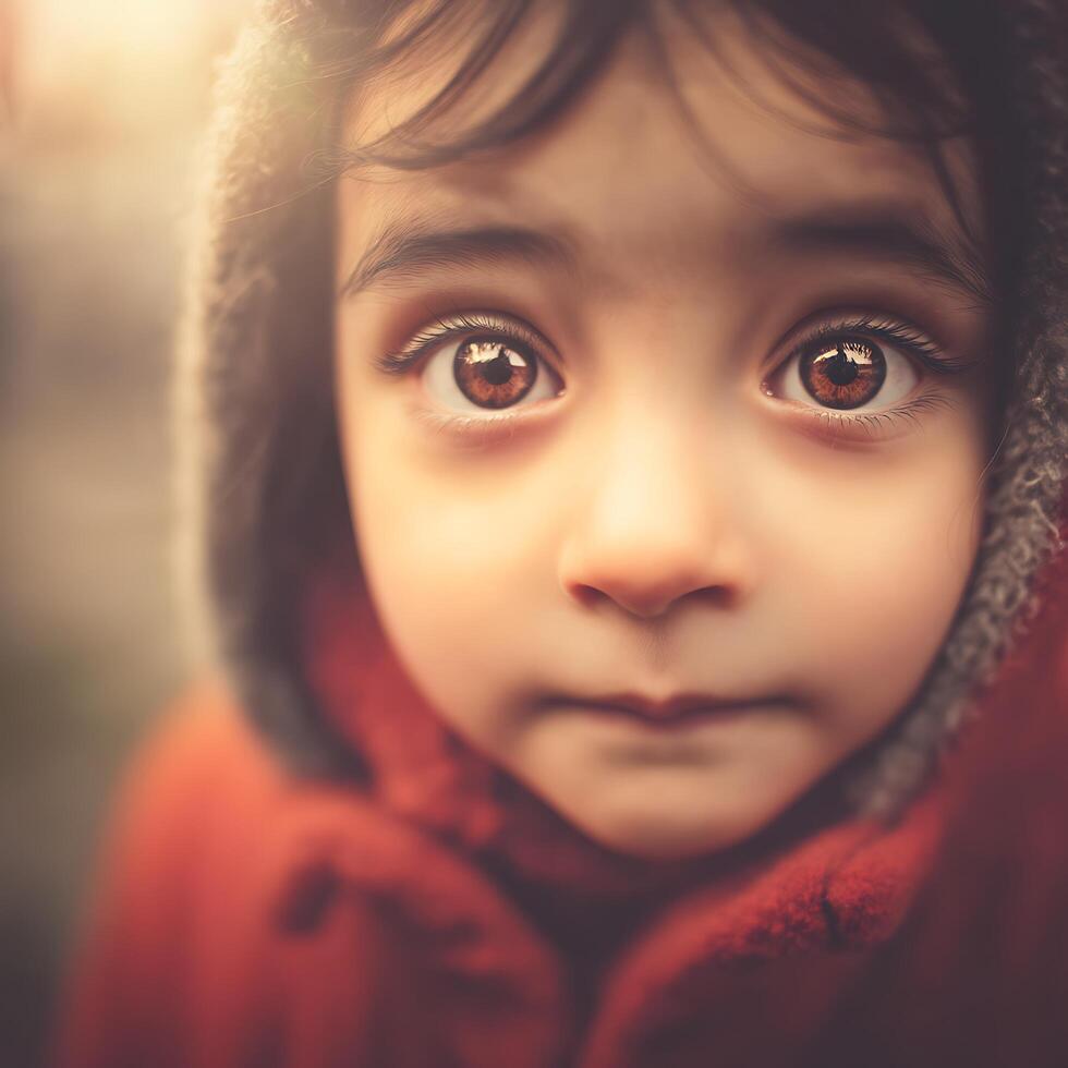 Close up portrait of a child with big brown eyes, wearing a red coat and hooded jacket. photo