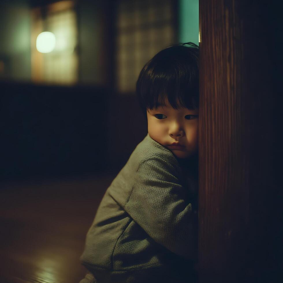 Pensive Young Child Hiding Behind Wooden Doorway in Soft Lighting. photo