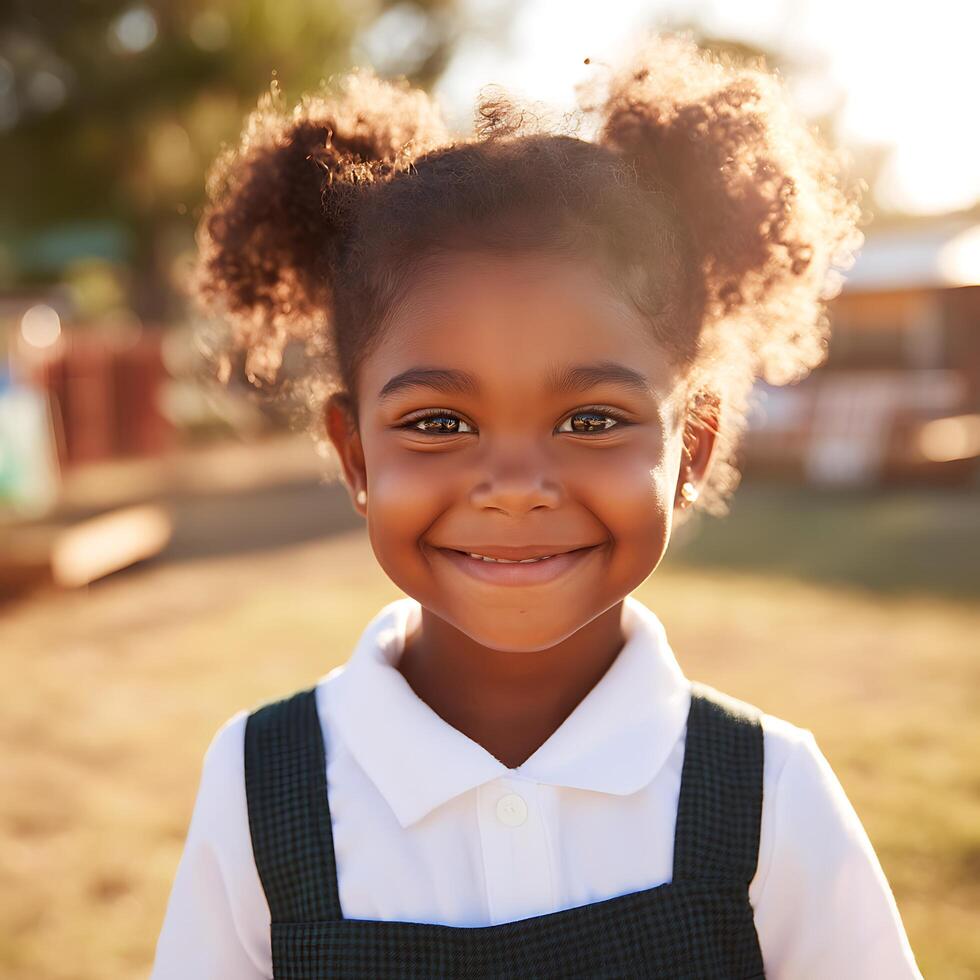 Portrait of a Happy Little Girl in a School Uniform, Outdoors in Golden Sunlight. photo