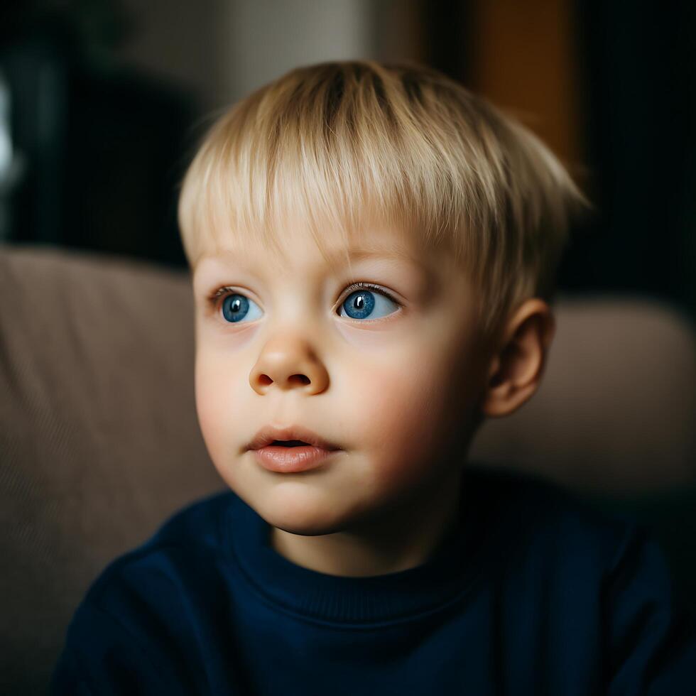 Portrait of a Young Boy with Striking Blue Eyes. A close up image of a toddler's pensive expression. photo