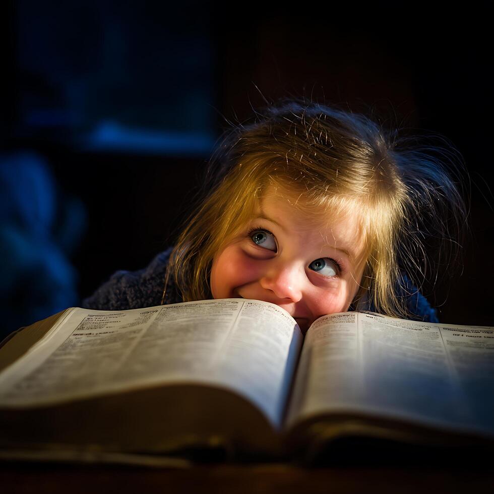 Curious Young Girl Looking Up from Open Book, Illuminated by Warm Light. photo