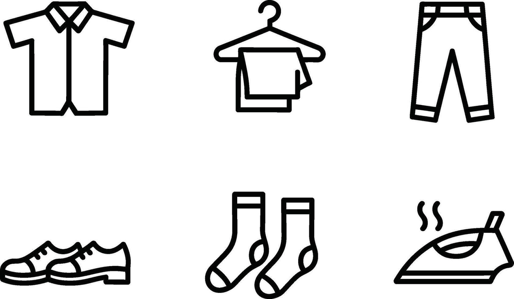 Simple line art icons depicting clothing accessories and laundry activities on white background vector