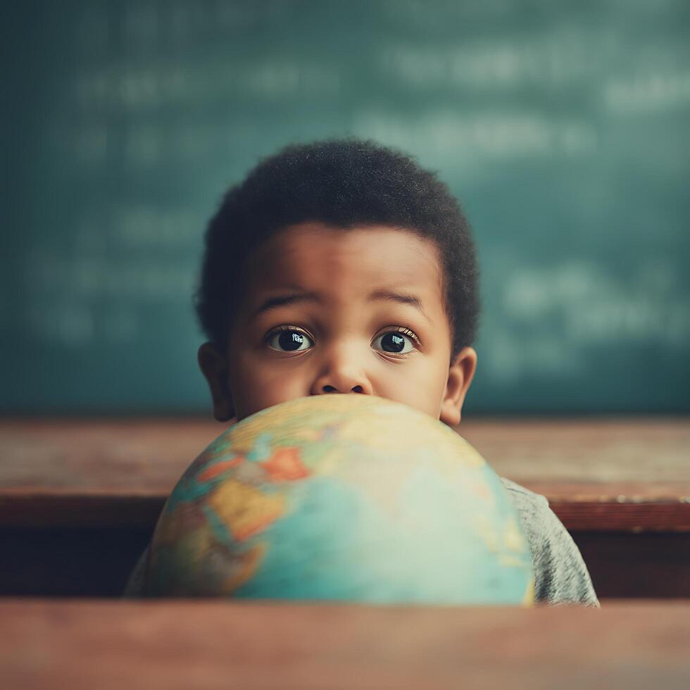 Young Boy Holds a Globe Close to His Face in a Classroom Setting. photo