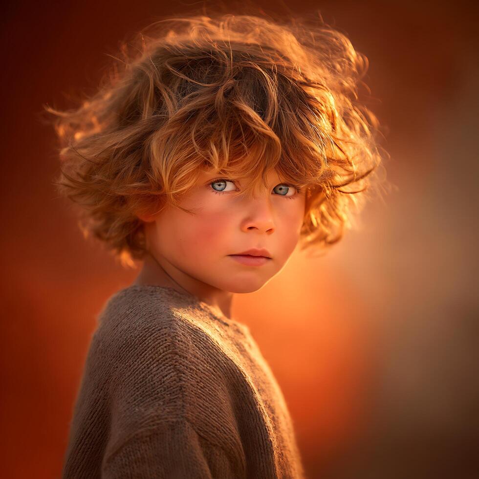 Golden Hour Portrait of a Young Boy with Curly Hair. A close up image showcasing the beauty of childhood innocence and the warmth of sunset light. photo