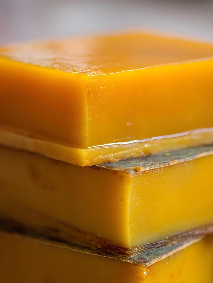 Close up of Stacked Blocks of Golden Yellow Beeswax. photo