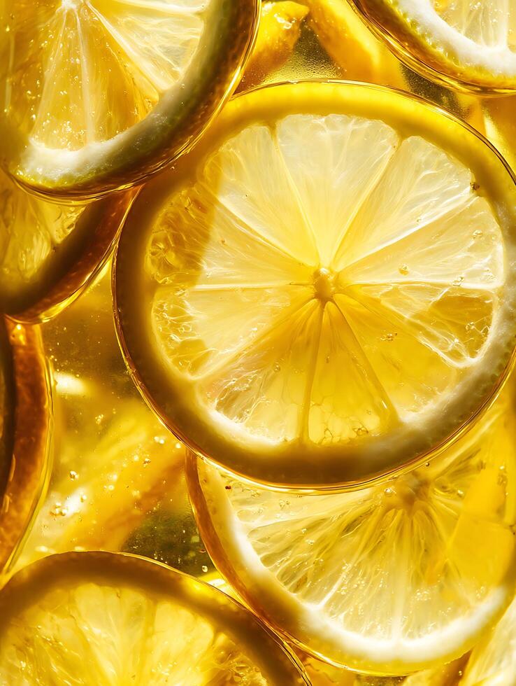 Close Up of Lemon Slices Submerged in Golden Liquid. A vibrant image perfect for food, beverage, or health-related projects. photo
