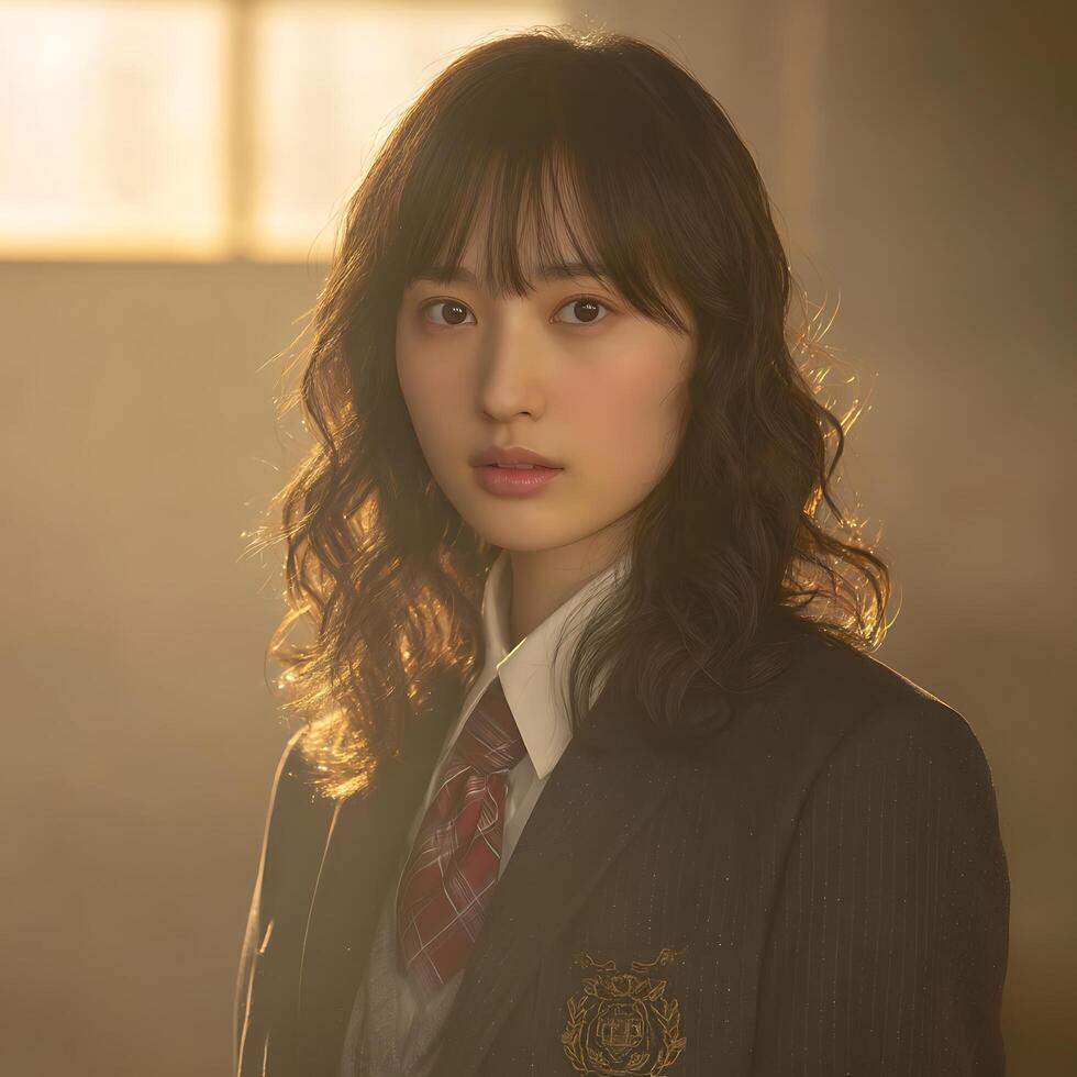 Portrait of a Young Woman in a School Uniform, Bathed in Golden Sunlight. photo