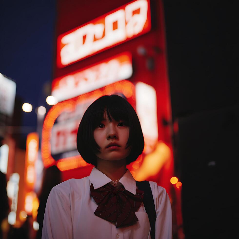 Japanese Schoolgirl in Vibrant City Nightscape. A portrait of a young woman in uniform against a backdrop of glowing neon signs in a bustling city. photo