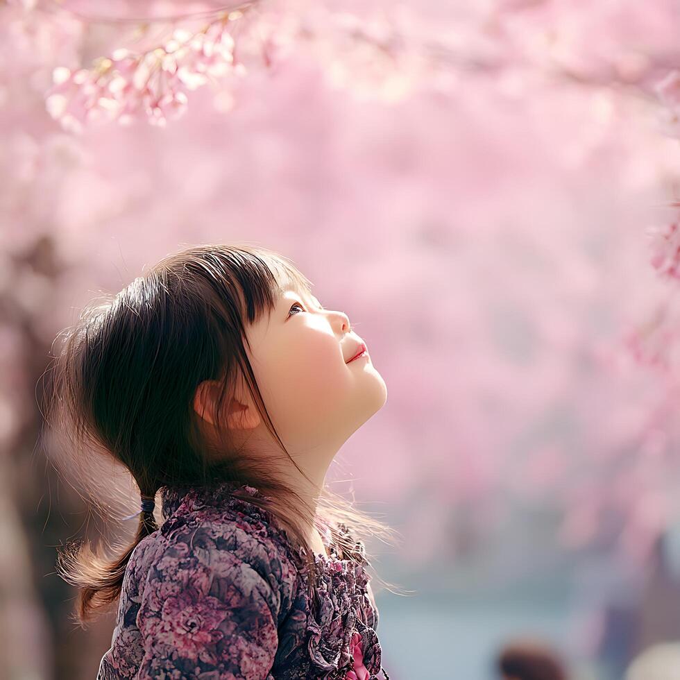 Little Girl Gazing Up at Cherry Blossoms in Springtime. A child looks up in awe at the beautiful pink flowers. photo