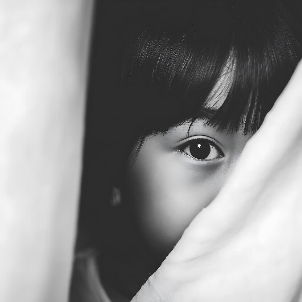 Child's Eye Peeking from Behind a White Sheet Black and White Portrait. photo