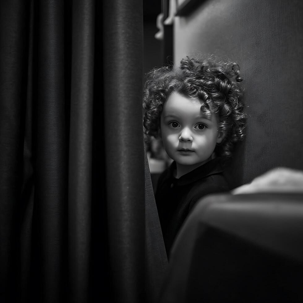 A Child's Curious Gaze from Behind a Curtain Black and White Portrait. photo