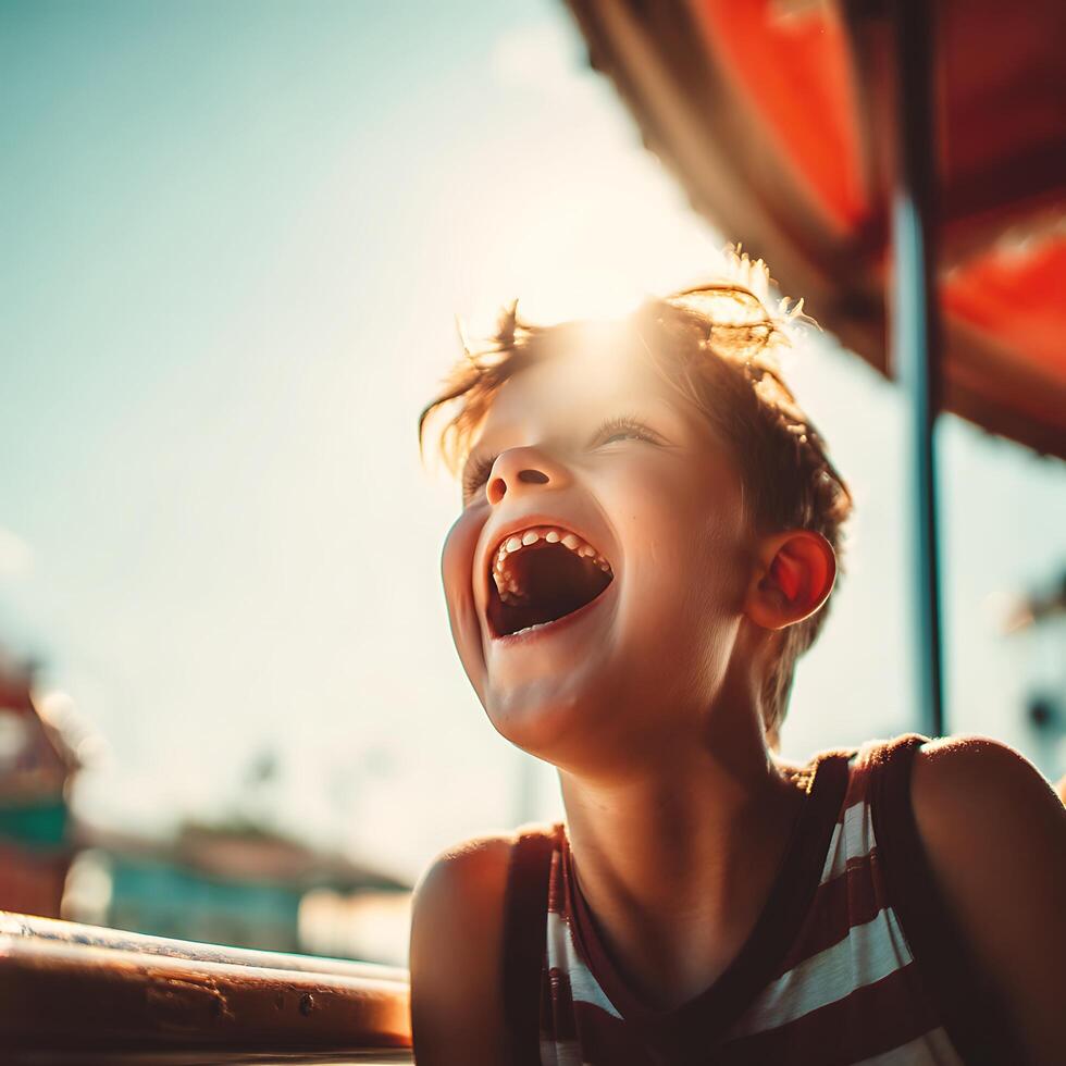 Joyful Child Laughing on a Carousel, Sunlight Portrait. photo