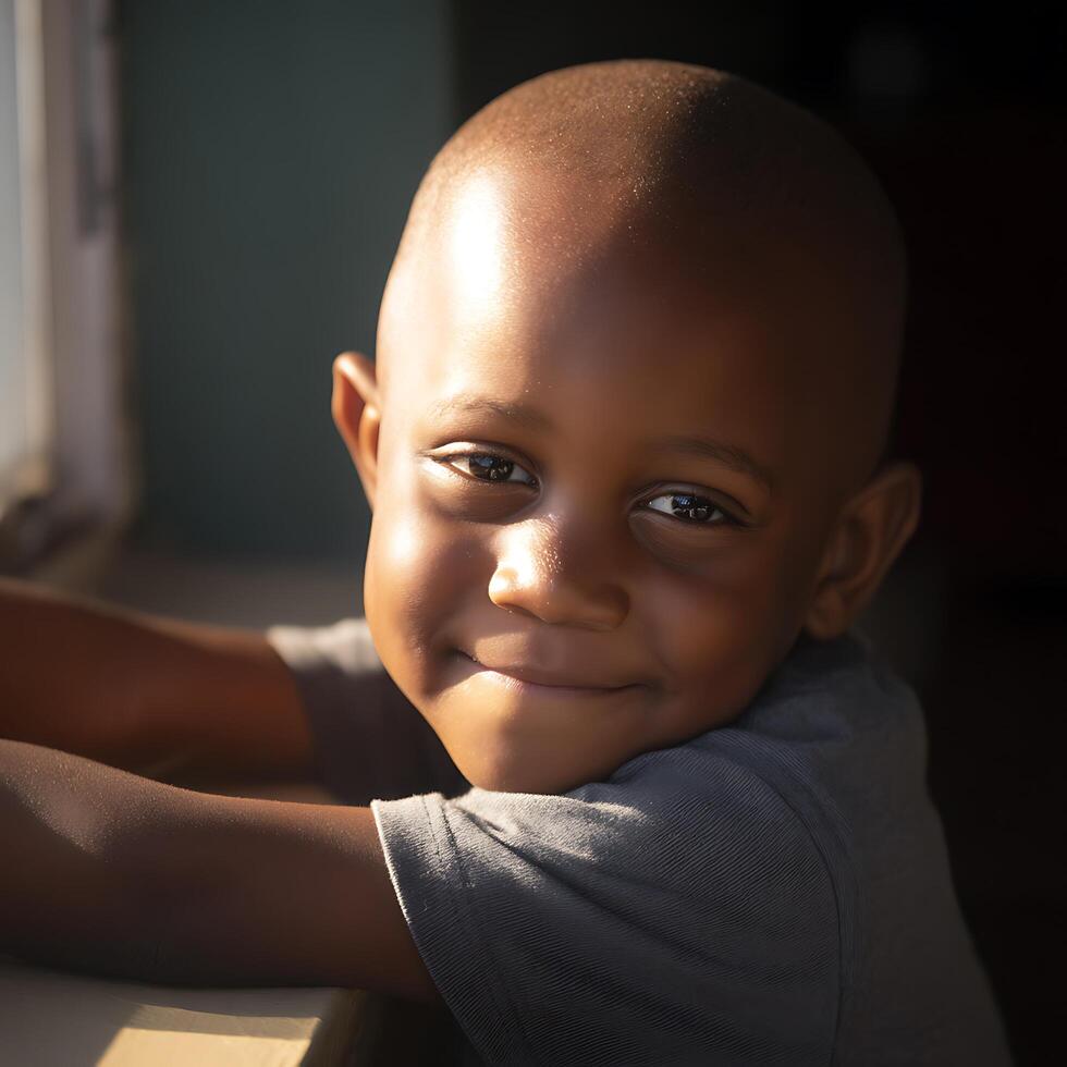 Portrait of a Young Boy with a Sweet Smile, Bathed in Golden Sunlight. photo