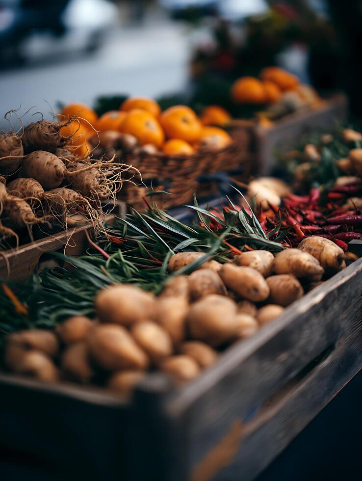 Fresh Organic Produce at a Farmers Market Close Up of Potatoes, Root Vegetables, and Herbs. photo