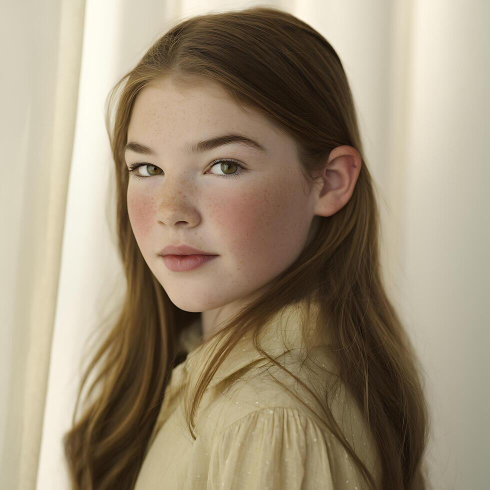 Portrait of a Young Girl with Freckles and Long Brown Hair. photo
