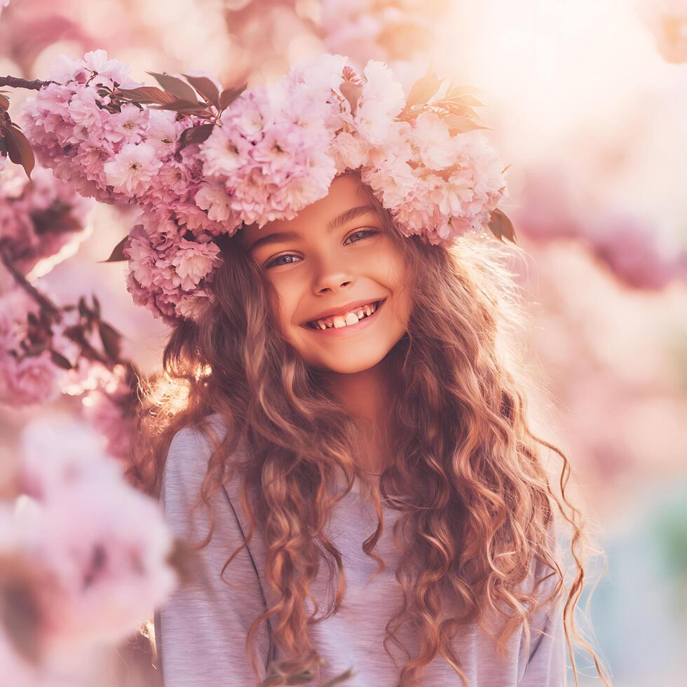 Happy Girl in a Flower Crown, Springtime Portrait. photo