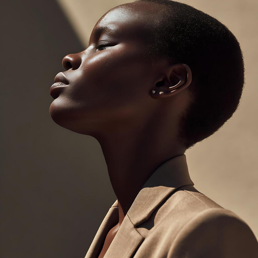 Serene Portrait of a Black Woman in Profile, Basking in Sunlight. photo
